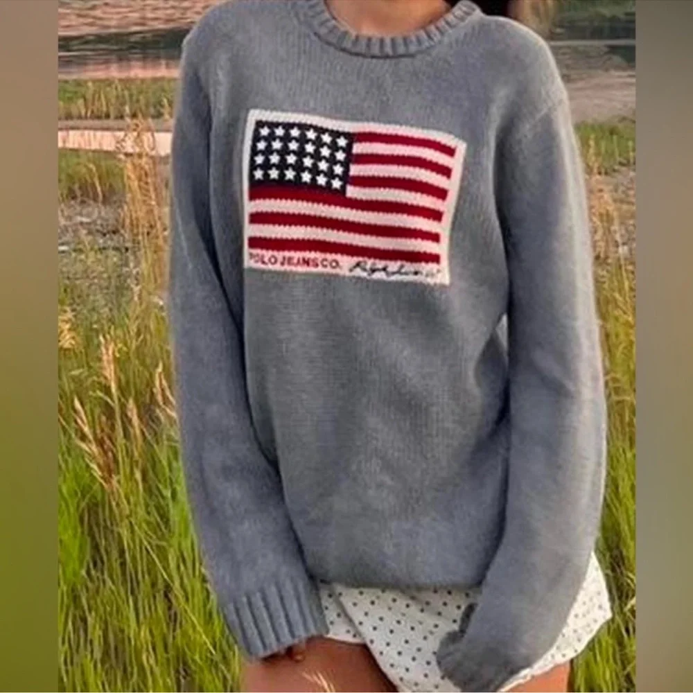 Polo Jeans Co. Ralph Lauren Gray Flag Knit Sweater Unisex XL 100% Cotton - Picture 3 of 8